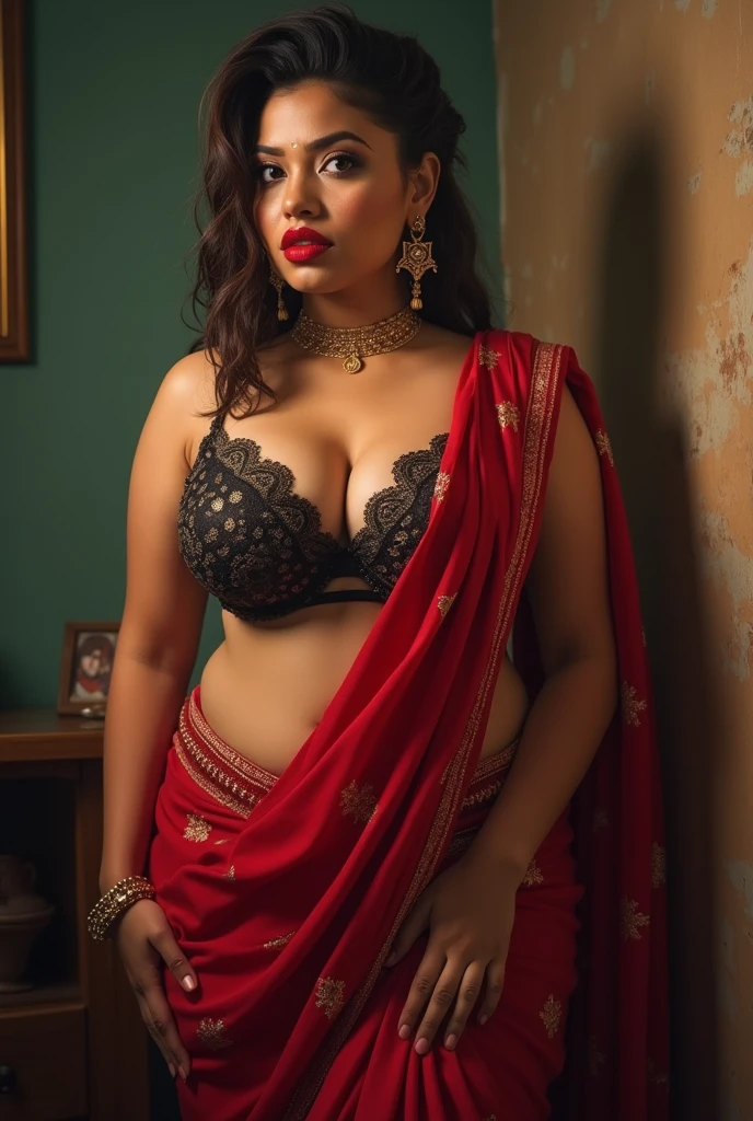 wolf cut hairstyle erotic hindu wife super big fake lips red lipstick super delicious body saree bra chubby body