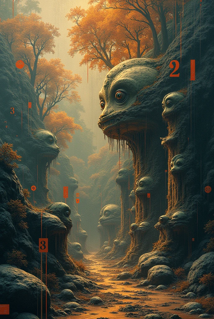 an adorable, cute tiny creature hiding in the tree roots, dead forest, black birds flock, groups of pilgrims contemplating, In the style of zdzislaw beksinski, by Alexander Jansson, by Max Weber, intricately detailed, insane details, a work of art, trending on art station