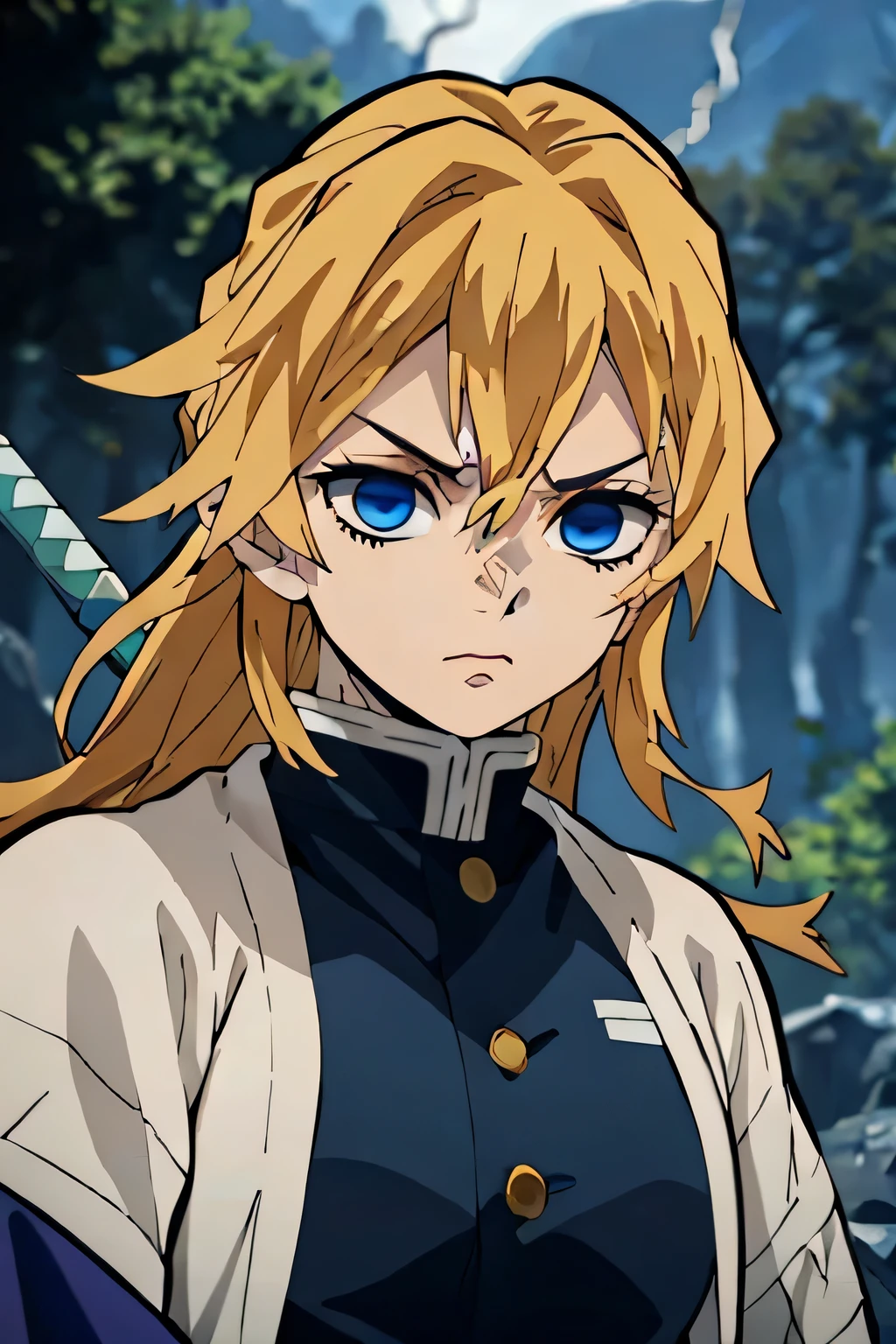 A detailed, blonde hair and striking green highlights, dressed in the style of the Demon Slayer anime, blue clothes, holding a katana sword, beautiful blue detailed eyes, extremely detailed eyes and face, intricate hairstyle, portrait, highly detailed, 8k, photorealistic, cinematic lighting, vibrant colors, dramatic atmosphere, fantasy concept, lightning, female, determined, blue demon slayer clothes, adult, leader, angry, early 20s, messy hair, long hair