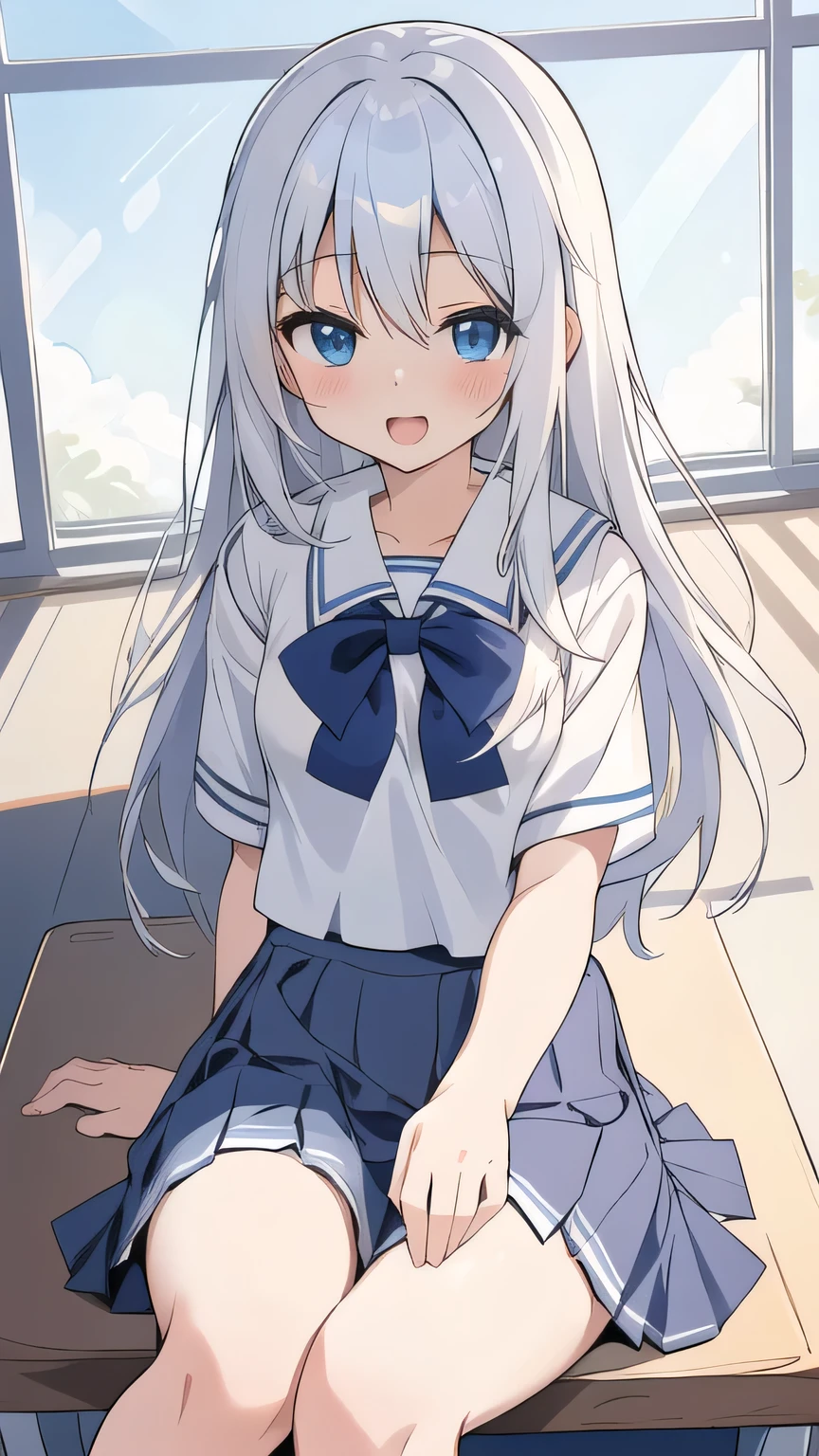 cute girl, アニメ, silver hair, straight hair, Blue eyes, (young:0.9), (small bust:0.5), (cute:1.3), (middle bust:0.8), (cute girl:1.2), cowboy shot, cute, side shot, (Smail:1.3), open mouth, backwards, (sit down:1.5), (white school uniform:1.6), (dark blue skirt:1.5), ローアングル, close eyes, (cross legs:1.4), (seduce:1.4)