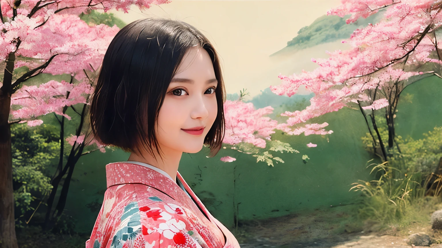 288 (20-year-old woman,Short Hair) , (A kind smile) , (kimono), (colorful), (Japanese painting by Uemura Shōen), flower
