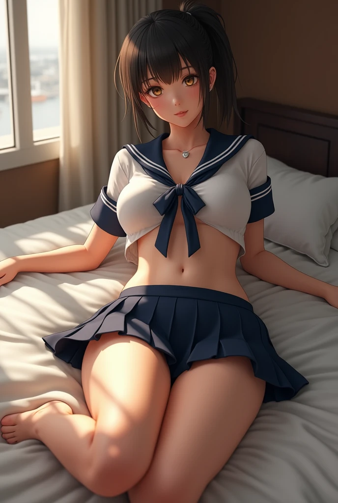 (1 woman),  (Micro thong), ((under boob)),  ((Crop Top shirt)), ((spread legs, one knee up)), (Sailor school uniform only for the upper body), (white short shirt), summer clothes, ((Red Ribbon Tie)), ((sheer white  thigh-high socks)), long thigh high socks, masterpiece, Best Quality, High quality, High Definition, Finely detailed, Detailed texture, realistic representation of face, Realistic, Colorful, Ray tracing, (((lighting forward))), smile,  (glowing eyes),  (Detailed beautiful delicate face, Detailed beautiful eyes, A perfectly proportioned face, High detailed skin, best ratio four finger and one thumb, (((Glowing white shiny skin))), (oiled skin), (large breasts), ((Smooth texture, Realistic texture, Photorealistic)), ((Green eyes)), (((medium hair))),  (Beautiful face, Cute face, Detailed face), on a bed