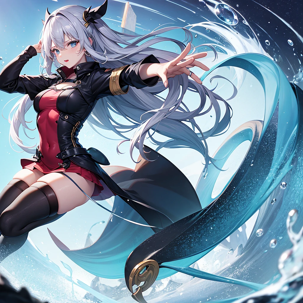 "(((masterpiece)))，best quality，ultra-detailed，high resolution CG unity 8k wallpaper。A beautiful and dynamic artwork with a floating perspective and dynamic pose，featuring 1 girl with striking blue eyes and multi-colored hair including silver，red，purple，yellow，and green hair with varying weights。