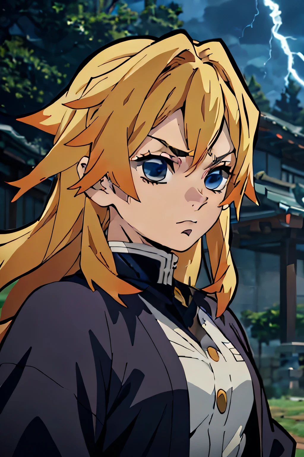 A detailed, blonde hair and striking green highlights, dressed in the style of the Demon Slayer anime, blue clothes, holding a katana sword, beautiful blue detailed eyes, extremely detailed eyes and face, intricate hairstyle, portrait, highly detailed, 8k, photorealistic, cinematic lighting, vibrant colors, dramatic atmosphere, fantasy concept, lightning, female, determined, blue demon slayer clothes, adult, leader, angry, early 20s, messy hair, long hair
