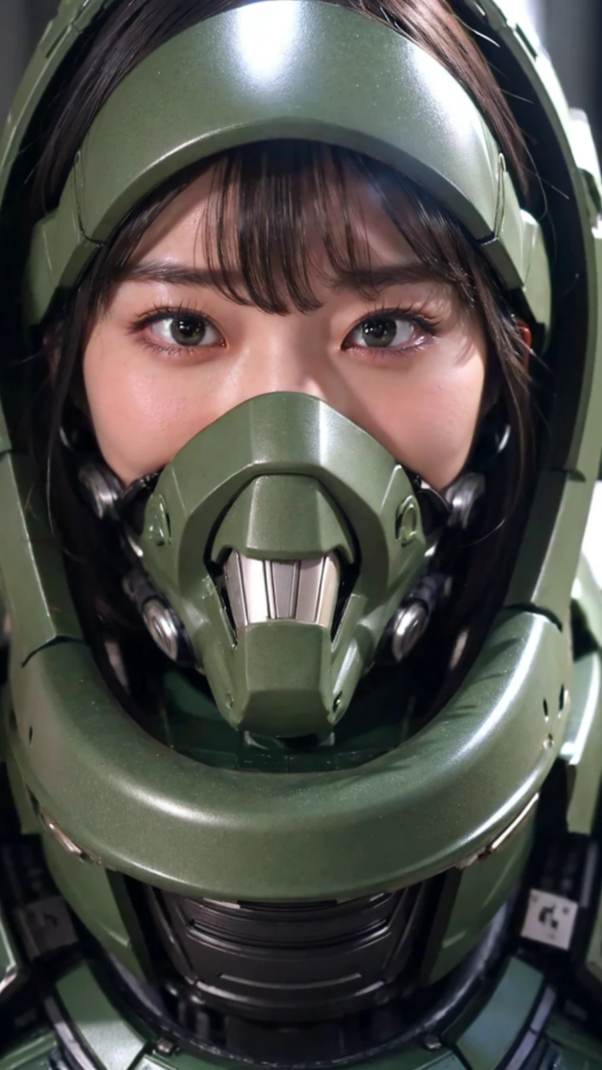 Textured skin, Very detailed, Attention to detail, high quality, 最high quality, High resolution, 1080P, hard disk, beautiful,(War Machine),beautifulサイボーグ女性,Mecha Cyborg Girl,BATTLE MODE,Girl with a mechanical body　Black Hair　Short hair, boyish　Dark green armor　Soaked Face　The change is over　Met Off　Steam is coming out of my head　whole bodyから湯気が吹き出す　Feel the expression　Please open your mouth wide　Tight fitting headgear　Long Nozzle Gas Mask　Holding a full face helmet　Front　whole body