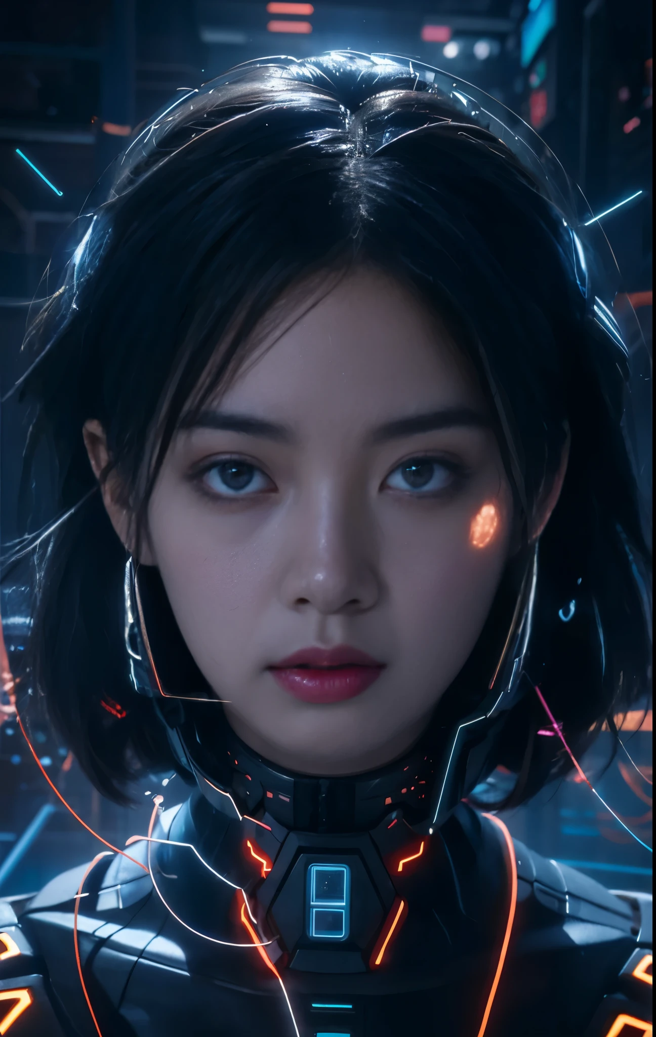 In a futuristic cityscape、A stunning cyber model stands amongst shining metal structures。Her flawless skin glows with an otherworldly glow、Showing visible pores and intricate detail。Posing in a gorgeous environment filled with geometric shapes and abstract graphics, her colored eyes glow like neon lights。The air becomes electric with the interaction of electronic hum and data.、It takes the viewer into virtual reality。In the foreground、Her beautiful face radiates the quality of a masterpiece.、It is an award-winning work of art.。A cinematic feel permeates this surreal portrait.、Brought to you by ultra-high resolution, lifelike photography。The intricate structure and attention to detail make this piece a true masterpiece.。