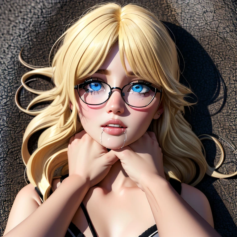 (detailed eyes:1.3), Beautiful Lighting, (1girl:blue  eyes, blonde hair, absurdly long hair, hair between eyes), (real skin), (outdoors, alley:1.2), 
 1girl, glasses, rolling eyes, strangling, asphyxiation, drooling, tearing up, spoken heart, on back