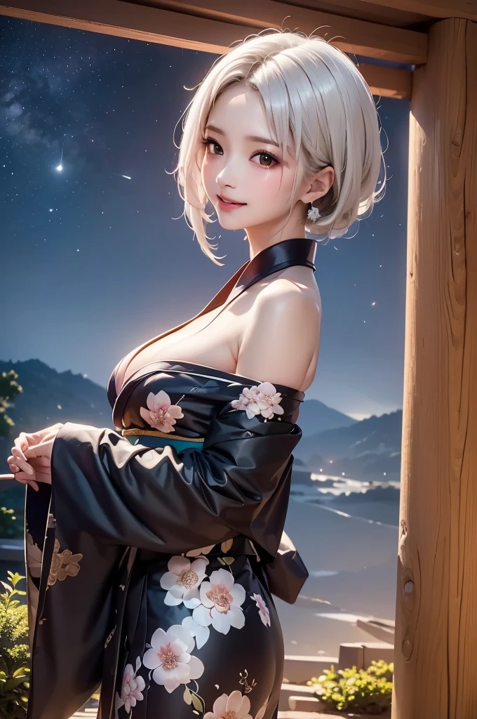 
masterpiece, best quality, highly detailed, 1girl, white hair, face: sweet girl, laugh kimono, black kimono, Casual Kimono Style, Sturdy collar、Matte texture clothing. look up at the night sky. Bright and soft impression、It catches your eye.、A tranquil atmosphere、cleavage, outdoors, from side
