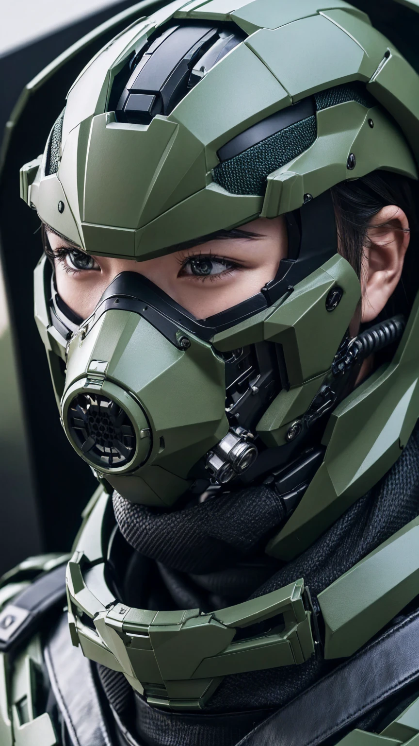 Textured skin, Very detailed, Attention to detail, high quality, 最high quality, High resolution, 1080P, hard disk, beautiful,(War Machine),beautifulサイボーグ女性,Mecha Cyborg Girl,BATTLE MODE,Girl with a mechanical body　Black Hair　Short hair, boyish　Dark green armor　Soaked Face　The change is over　Met Off　Steam is coming out of my head　whole bodyから湯気が吹き出す　Feel the expression　Please open your mouth wide　Tight fitting headgear　Long Nozzle Gas Mask　Holding a full face helmet　Front　whole body