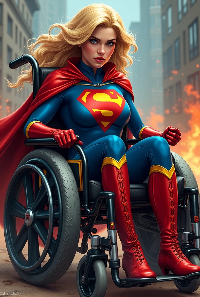 3D, Hand-drawn animation, storybook illustration, oil painting, detailed and realistic cartoon style. Create an illustration of a blonde, blue-eyed girl who is in a wheelchair. She wears a red superhero outfit. Use the oil painting technique to add texture and depth to the image. The illustration should convey the realistic details of the girl, such as the golden hair and expressive eyes, while maintaining a detailed cartoon style. Capturing the strength and determination of the girl in her journey as a superhero