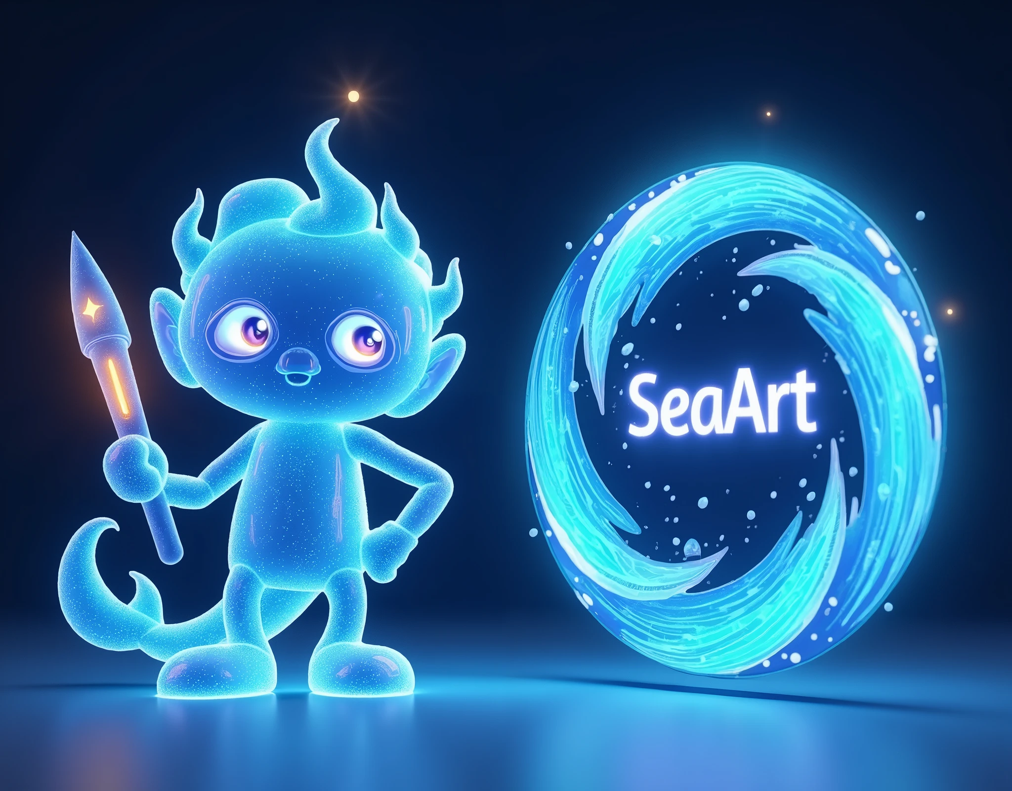 Design a unique cartoon mascot character named 'ArtWave,' representing a futuristic AI-driven art platform called 'SeaArt.' The character has a flowing, liquid-like body made of holographic light waves, blending organic and mechanical elements to resemble a humanoid or oceanic creature. Its body shape changes according to its artistic inspiration, with glowing lines symbolizing data streams flowing across its form. Its hands morph into futuristic art tools like light beam pens or floating holographic canvases, and small hovering assistants surround it, acting as its virtual art canvases. The face is abstract, composed of changing geometric shapes and light beams instead of traditional features. Its eyes glow with energy, shifting colors based on emotions and creative flow. The overall design combines elements of oceanic fluidity, futuristic technology, and art creation in a visually striking and original way, fitting for a mascot that represents the infinite possibilities of AI-powered art.