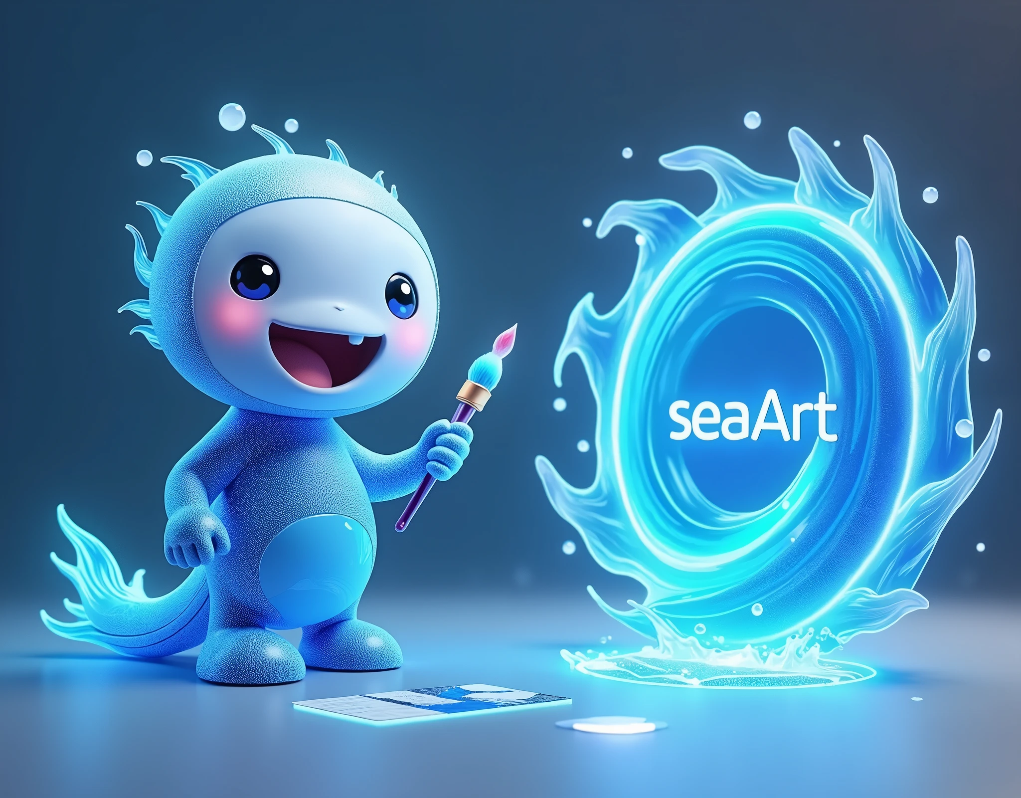 Design a unique cartoon mascot character named 'ArtWave,' representing a futuristic AI-driven art platform called 'SeaArt.' The character has a flowing, liquid-like body made of holographic light waves, blending organic and mechanical elements to resemble a humanoid or oceanic creature. Its body shape changes according to its artistic inspiration, with glowing lines symbolizing data streams flowing across its form. Its hands morph into futuristic art tools like light beam pens or floating holographic canvases, and small hovering assistants surround it, acting as its virtual art canvases. The face is abstract, composed of changing geometric shapes and light beams instead of traditional features. Its eyes glow with energy, shifting colors based on emotions and creative flow. The overall design combines elements of oceanic fluidity, futuristic technology, and art creation in a visually striking and original way, fitting for a mascot that represents the infinite possibilities of AI-powered art.