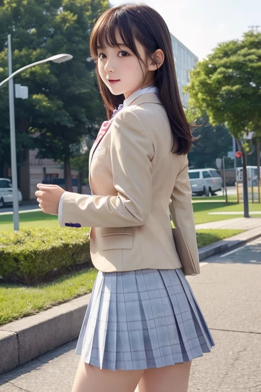 (((masterpiece))), (one beautiful japanese girl, classmate, innocence,cute) ,ultra high resolution, realistic, Super detailed, 8K,highest quality, very detailed, detailed background,thin,very beautiful japanese girl, detailed face:1.3), (boyish short hair,black haired :1.4), (baby face,cute系,adorable 14 year old girl), (perfect body:1.1), (brown blazer, light brown pleated mini skirt), provocative smile,show me your beautiful teeth,超detailed face、detailed lips、fine eyes、small gravure idol,transparent skin、On top of that,Japanese high school uniform with the school emblem on the chest,carrying a backpack、leaning forward,sexy pose,Please pay attention to the back of your butt.、In the classroom,A glimpse of white lace pants.