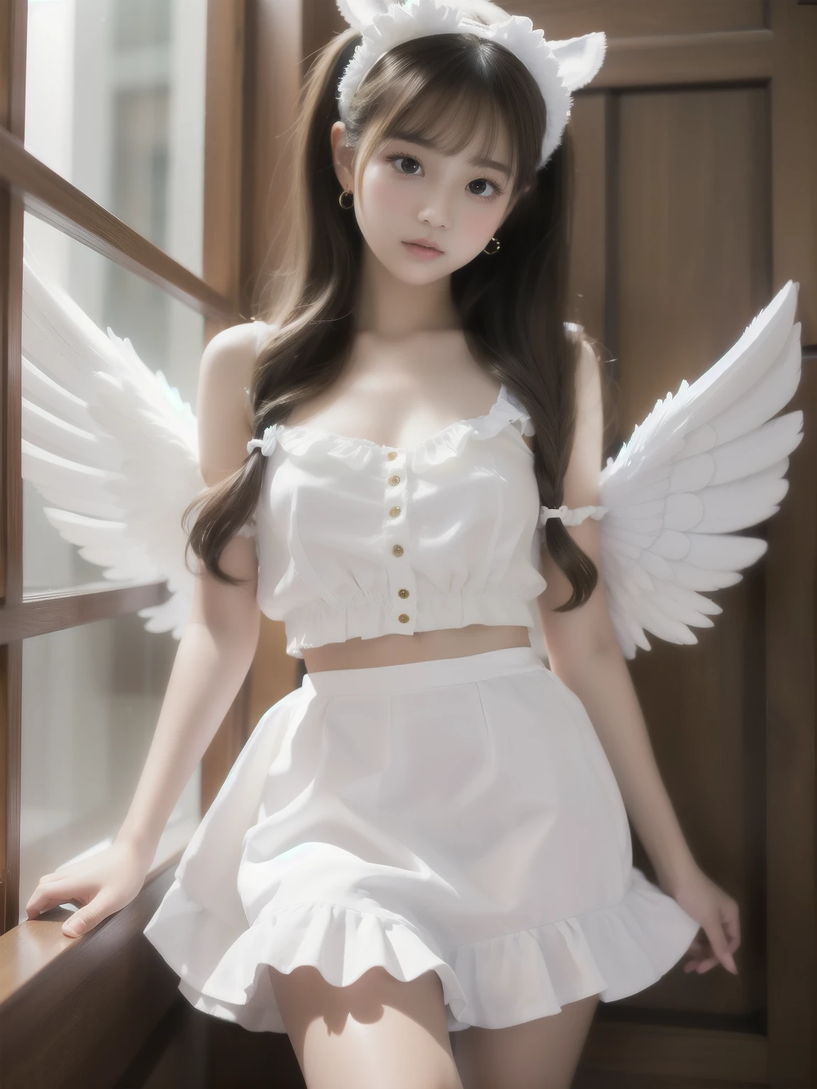 Highest quality、super beautiful、Masterpiece、Reincarnation of an Angel､Berry Short Cut、Fair skin､Petite、White Haregg Teddy､Super mini skirt style frills、Bare legs、