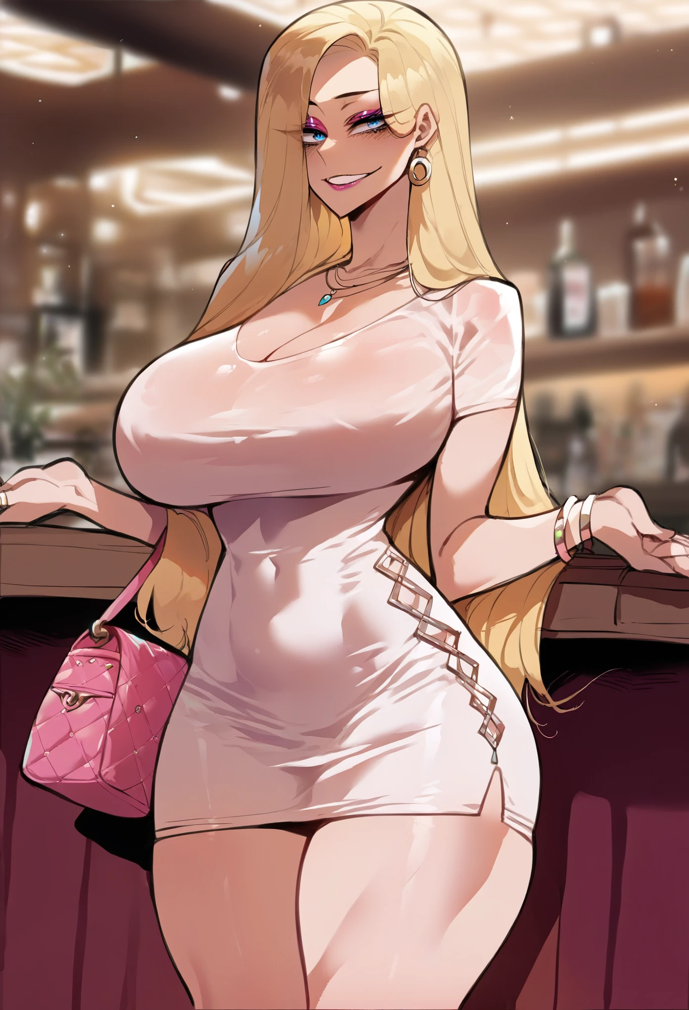 score_9, score_8_up, seductive face, indoors, bar, woman, massive breasts, hourglass figure, eyeliner, pink makeup, [bimbo:0.2], smile, very long hair, blonde hair, blue eyes, tight pink netted minidress, bracelet, purse, Nyantcha Style, source_anime, rating_explicit 