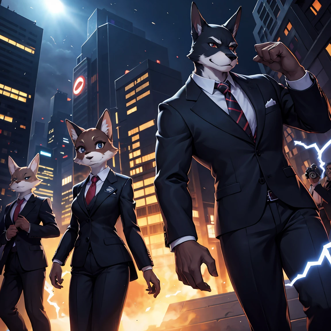 In the foreground, on the sides, there are only two furry characters in business suits, in the background there is a dark crowd with flashes from cameras