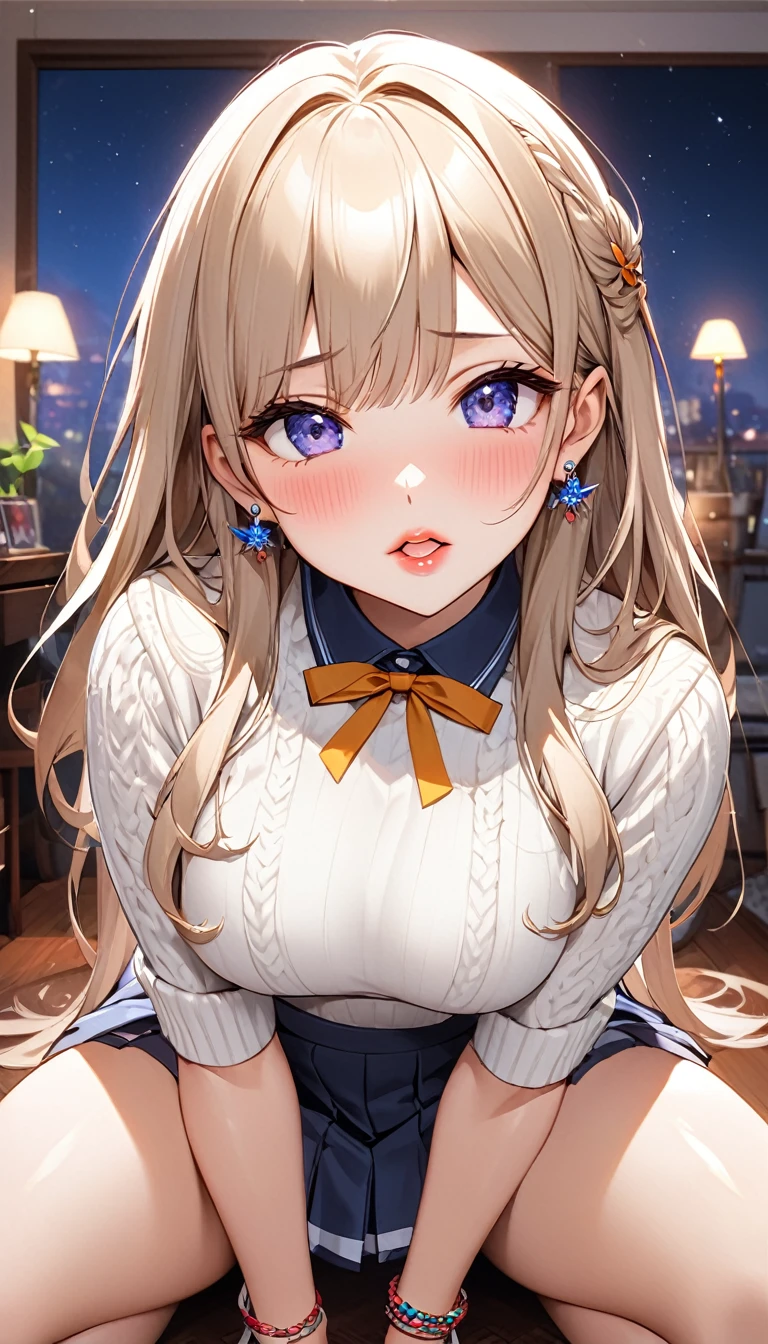 ((One girl)), Beautiful smile,(Wink:2.0),Blushing,Close your mouth,Glossy Lips,Abstract, Park in the evening, masterpiece, highest quality, so beautiful, Absurd, up to date, Complex details, Pink long nails,AI-generated, Complex,High resolution, highest quality, super high quality,3D Images、View the viewers、3D Images,one person,Long Blonde Hair,High Ponytail,blue eyes,Anime girl posing for photo, [[Fine grain、Colorful eyes、Shining Eyes:1.15]],(Squint your eyes:1.1),a hyperRealistic , hyperRealistic , Realistic , blonde anime girl with long hair, Smooth anime CG art, Beautiful anime school girl,White long sleeve blouse,Blue checked skirt,Big blue chest ribbon, Earrings,(Large Breasts:1.3),Mature Body,tall,Fine details,Abdominal muscles,(peace sign),Tilt your face