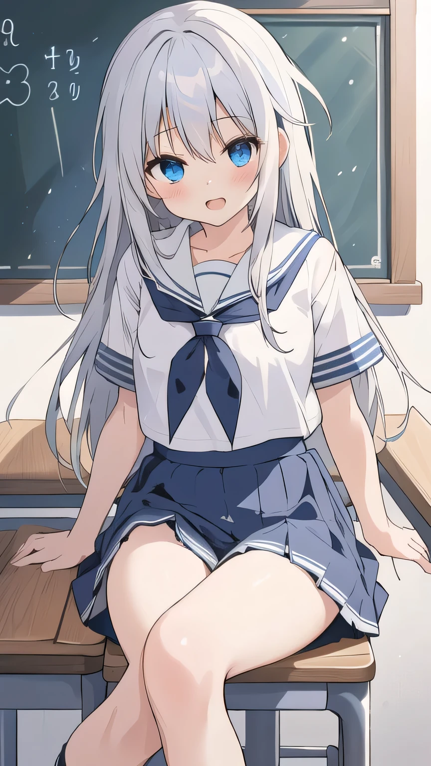 cute girl, アニメ, silver hair, straight hair, Blue eyes, (young:0.9), (small bust:0.5), (cute:1.3), (middle bust:0.8), (cute girl:1.2), cowboy shot, cute, side shot, (Smail:1.3), open mouth, backwards, (sit down:1.5), (white school uniform:1.6), (dark blue skirt:1.5), ローアングル, close eyes, (cross legs:1.4), (seduce:1.4)