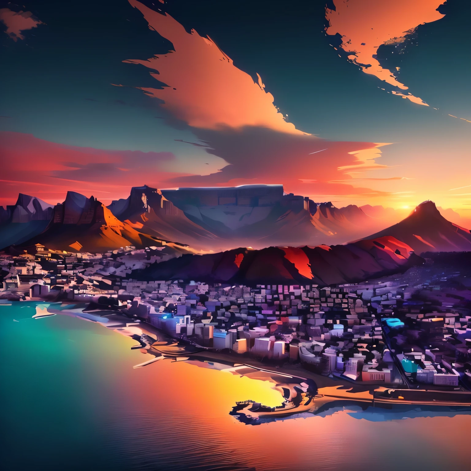 a view of a city and mountains with a sunset in the background, south african coast, vibrant and vivid, cape, amazing wallpaper, beautiful iphone wallpaper, breathtaking scenery, high quality wallpaper, beautiful high resolution, vivid and vibrant, landscape of africa, beautiful wallpaper, breathtaking look, stunning scenery, stunning screensaver, by Bernardino Mei, mountains and ocean, high-quality wallpaper