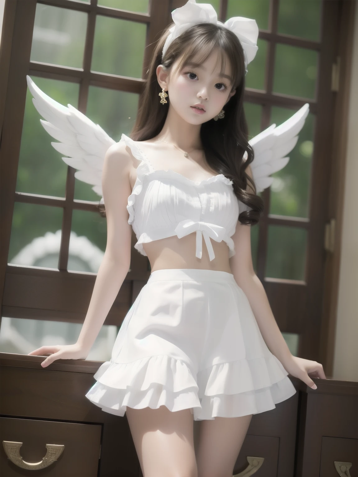 Highest quality、super beautiful、Masterpiece、Reincarnation of an Angel､Berry Short Cut、Fair skin､Petite、White Haregg Teddy､Super mini skirt style frills、Bare legs、