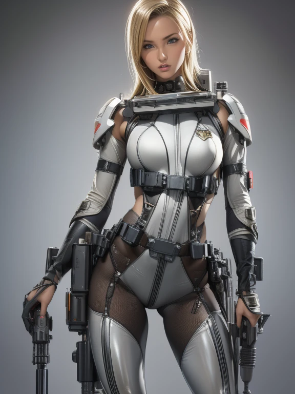 Best image quality, Great details, Ultra-high resolution, (realism: 1.4), ((close:0.75)), One woman is very condensed, With a beautiful and delicate face, Perfect Proportions, Narrow your target audience, Small breasts), Blonde, (High-tech suit), (Cyborgs compared to police uniforms,,, Black and grey mech, Military Harness, Has a machine gun, Hitch Tech Flame Thrower Tank Carrying), Simple gray wall in the background,