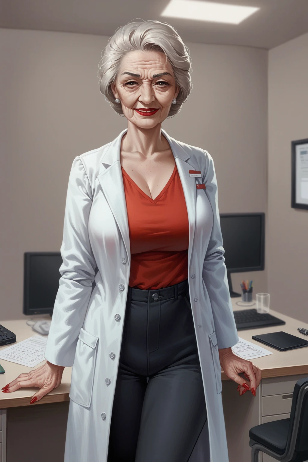 Prompt: score_9, score_8_up, score_7_up,hyperrealistic shadow low light, higher angle,nightime, art cinematic film still view from underneath woman photography in the style of detailed hyperrealism photoshoot, Extremely high-resolution details, dark gray background, elderly woman with wrinkles in a lab, red vnecker sweate black pants and white lab coat, lipstick with red fingernails, leaning on desk. coy smile 
