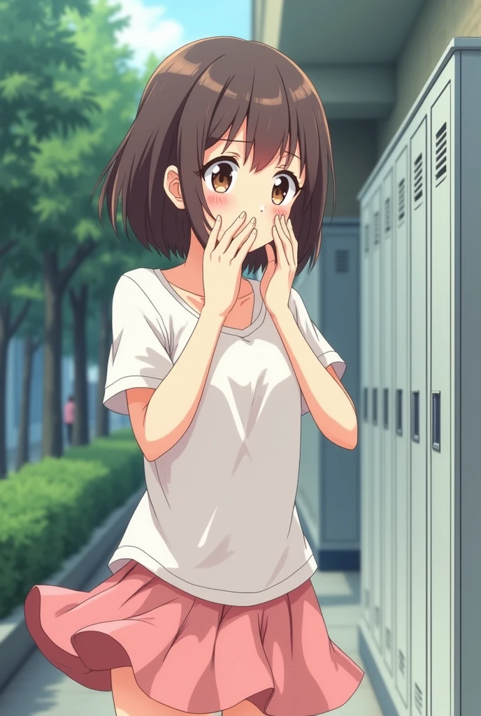 masterpiece, best quality, highres, BREAK
,embarrassed,classical convenience storefront daytime, , mid-century modern theme, , , leaning forward,looking at viewer, ,BREAK, 
<lora:kumin:0.8>, kumin tsuyuri, school uniform, short sleeves, plaid skirt
,