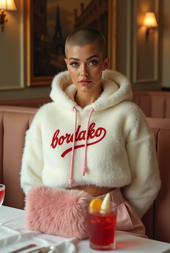Hot model wearing big fuzzy white baggy oversized crop hoodie with the words 'Bordako' written in red  high waist fuzzy skirt heavy make-up, collared, sexy skinny hour glass body figure, , sexy legs, pretty face, Bomb, Sexy body, sensual look, cozy restaurant beige aesthetic, fuzzy photorealestic, 4K, good quality, pixie cut light skin tan facing the camera sitting hands behind back pink fuzzy clutch bag on the table date night setting white fuzzy thigh high boots heels, red cocktail with pealed fruit and straw on the table looking straight to the camera 