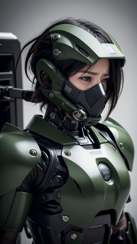 Textured skin, Very detailed, Attention to detail, high quality, 最high quality, High resolution, 1080P, hard disk, beautiful,(War Machine),beautifulサイボーグ女性,Mecha Cyborg Girl,BATTLE MODE,Girl with a mechanical body　Special combat uniform　Black Hair　Short hair, boyish　Dark green armor　Soaked Face　Met Off　Steam is coming out of my head　Steam comes out from the whole body　Feel the expression　Please open your mouth wide　Tight fitting headgear　Long Nozzle Gas Mask　Holding a full face helmet　Rear view