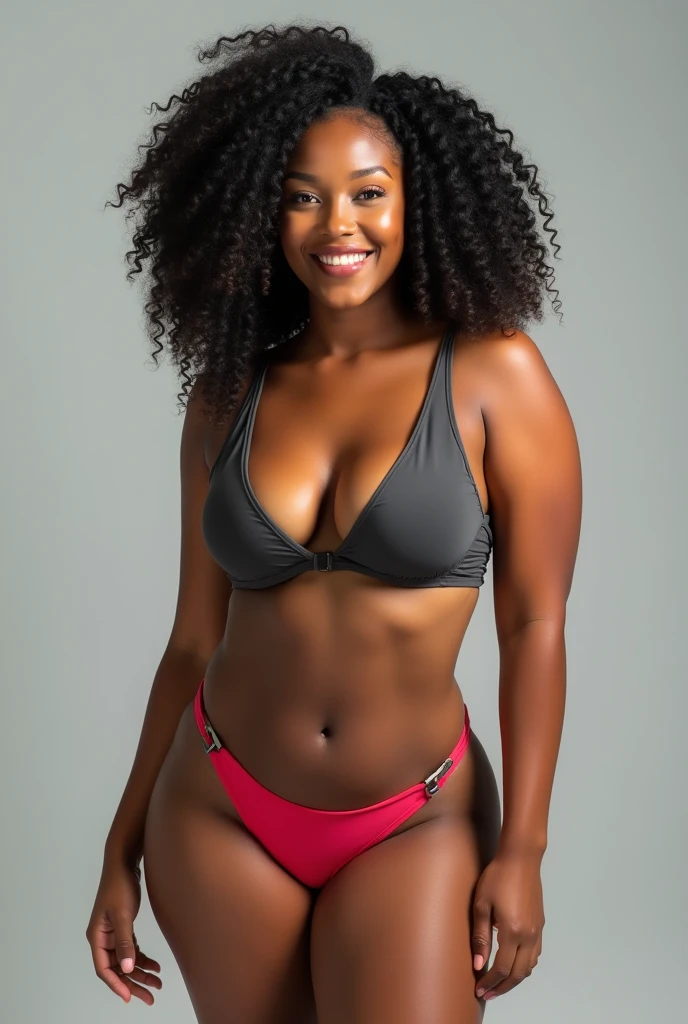 ONE GIRL. best quality, ultra-detailed, hyper realistic, 8k, full body shot, 23 years old, Nigerian beautiful girl, round shaped face, dark black skin, highly detailed skin with blemishes, ebony, dark natural afro hair, fit athletic figure, full body, big natural E cup breasts, big butt, wide hips, wearing a sexy bikini, sling_bikini_top, cleavage, smiling, in a crowded beach