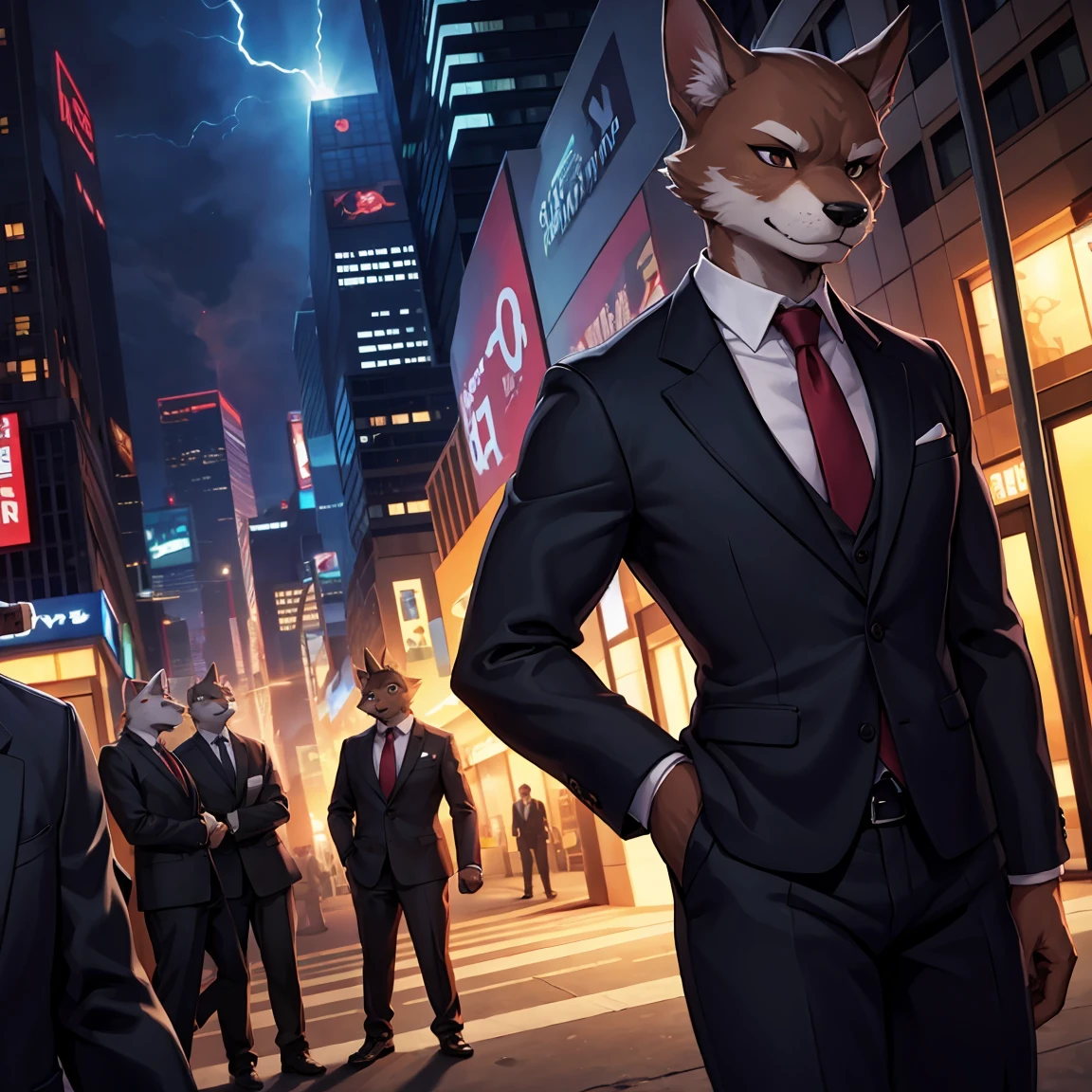 In the foreground, on the sides, there are only two furry characters in business suits, in the background there is a dark crowd with flashes from cameras