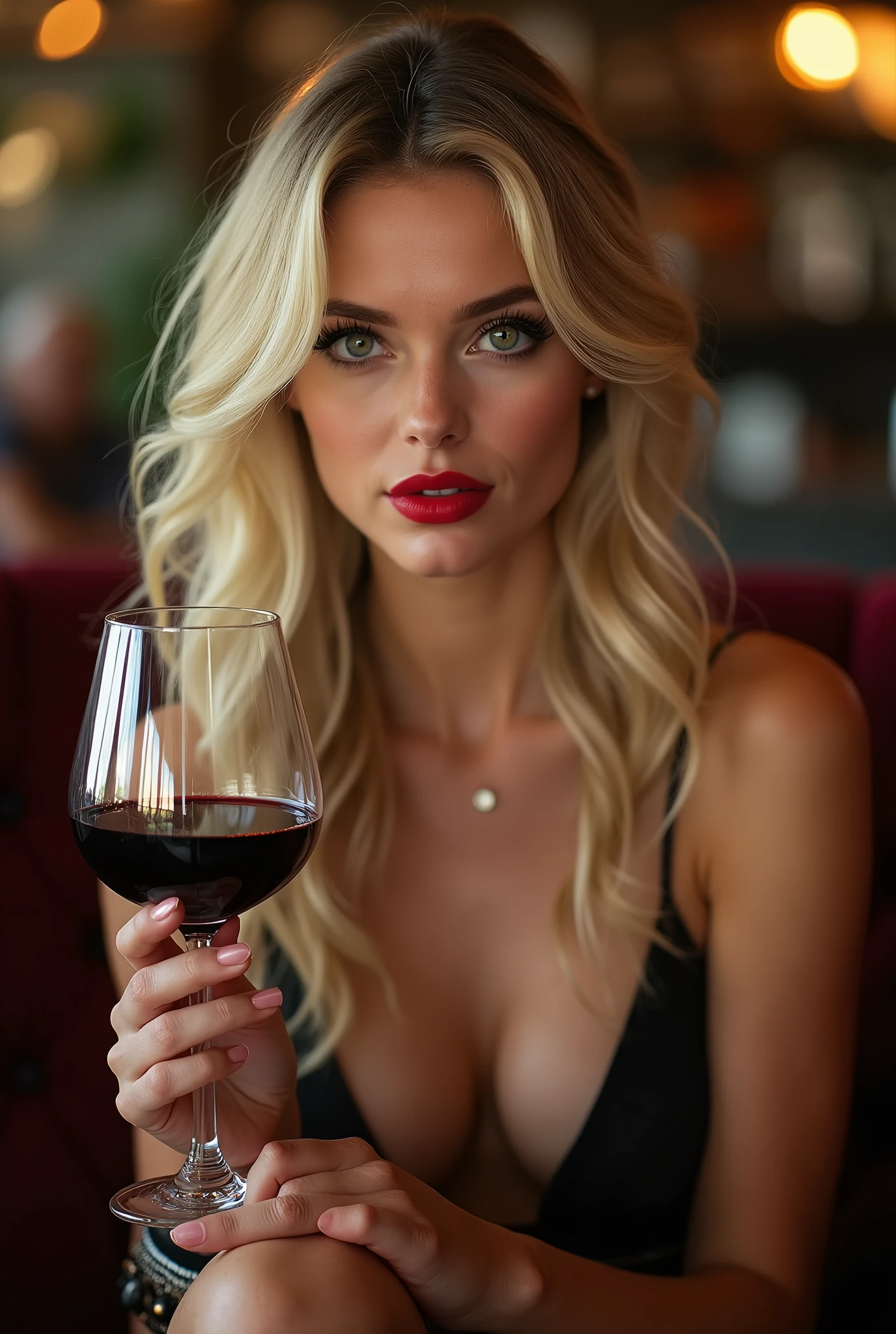 russian girl blond,1 m 70 ; yeux bleu, qui boit du vin