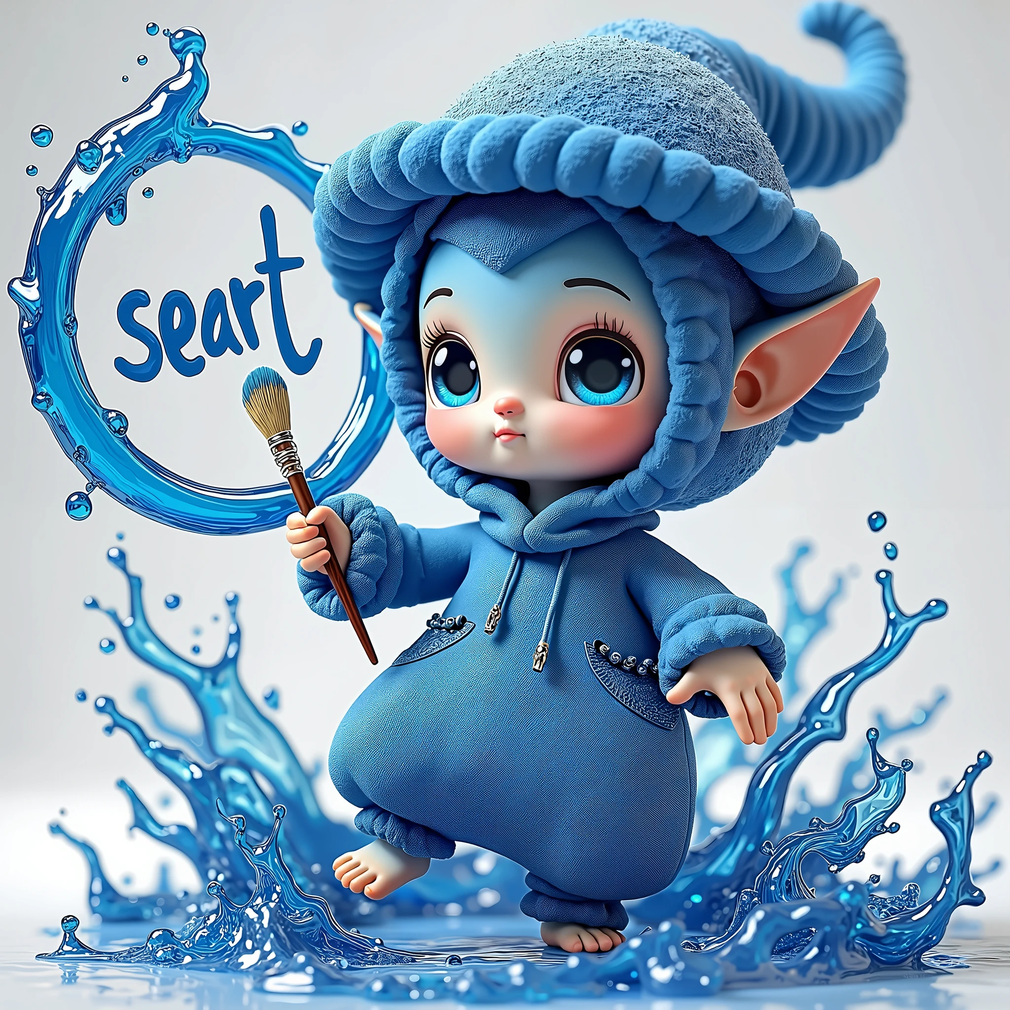 cute，A blue sea elf，Wearing clothes made from seawater，Wearing a digitally-made blue sea painter&#39;s hat，Barefoot，Holding a paintbrush in left hand，Right hand pointing forward，On the right hand, there is a large circle made of blue sea water with the word &quot;seaart&quot; written on it.，Swirl shape，Swirl shape，Curious expression，A person poses for painting，White Art World Background，Perfect Light，High image quality，Extraordinary texture，High-resolution details，Masterpieces，Vivid colors，High contrast tones，Cool colors，Fantasy style，Perfect Light，High image quality，Extraordinary texture，Chibi，3D Rendering，Unreal Engine，C4D，OC Renderer，Ray Tracing，Long-distance shooting