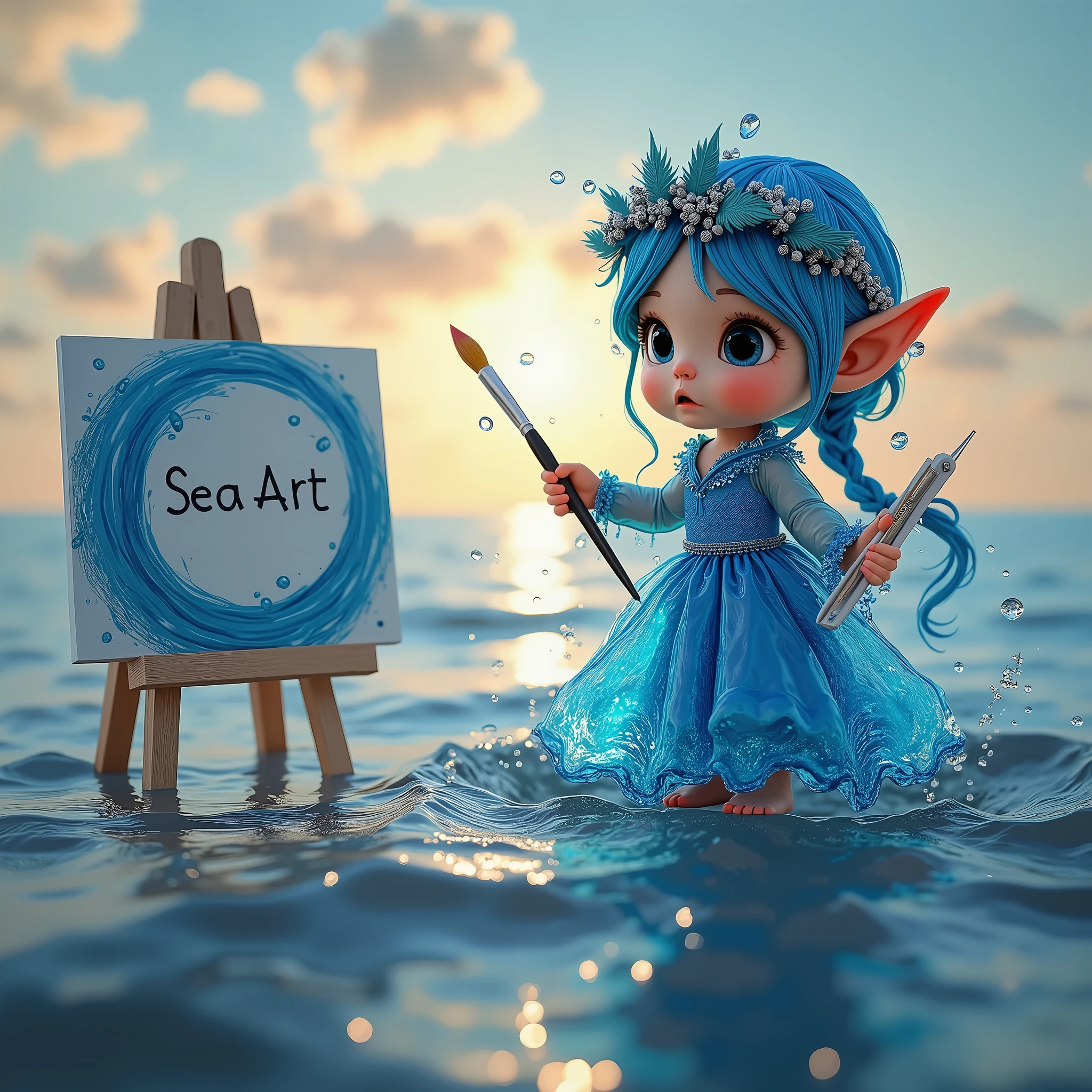 cute，A blue sea elf，Wearing clothes made from seawater，Wearing a digitally-made blue sea painter&#39;s hat，Barefoot，Holding a paintbrush in left hand，Right hand pointing forward，On the right hand, there is a large circle made of blue sea water with the word &quot;seaart&quot; written on it.，Swirl shape，Swirl shape，Curious expression，A person poses for painting，White Art World Background，Perfect Light，High image quality，Extraordinary texture，High-resolution details，Masterpieces，Vivid colors，High contrast tones，Cool colors，Fantasy style，Perfect Light，High image quality，Extraordinary texture，Chibi，3D Rendering，Unreal Engine，C4D，OC Renderer，Ray Tracing，Long-distance shooting