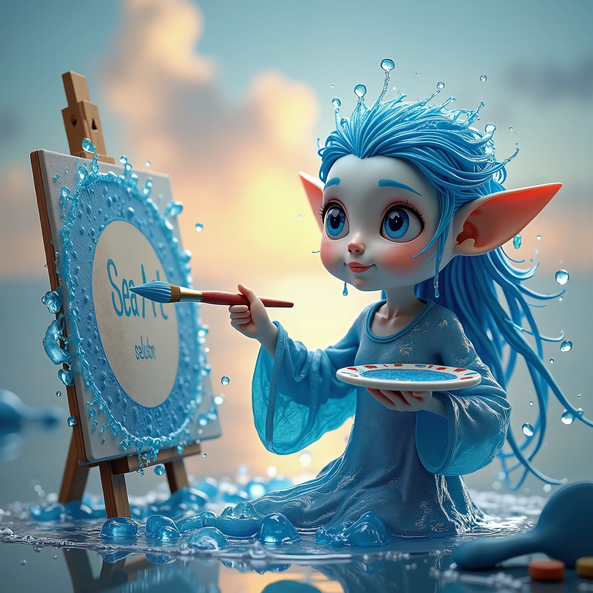 cute，A blue sea elf，Wearing clothes made from seawater，Wearing a digitally-made blue sea painter&#39;s hat，Barefoot，Holding a paintbrush in left hand，Right hand pointing forward，On the right hand, there is a large circle made of blue sea water with the word &quot;seaart&quot; written on it.，Swirl shape，Swirl shape，Curious expression，A person poses for painting，White Art World Background，Perfect Light，High image quality，Extraordinary texture，High-resolution details，Masterpieces，Vivid colors，High contrast tones，Cool colors，Fantasy style，Perfect Light，High image quality，Extraordinary texture，Chibi，3D Rendering，Unreal Engine，C4D，OC Renderer，Ray Tracing，Long-distance shooting