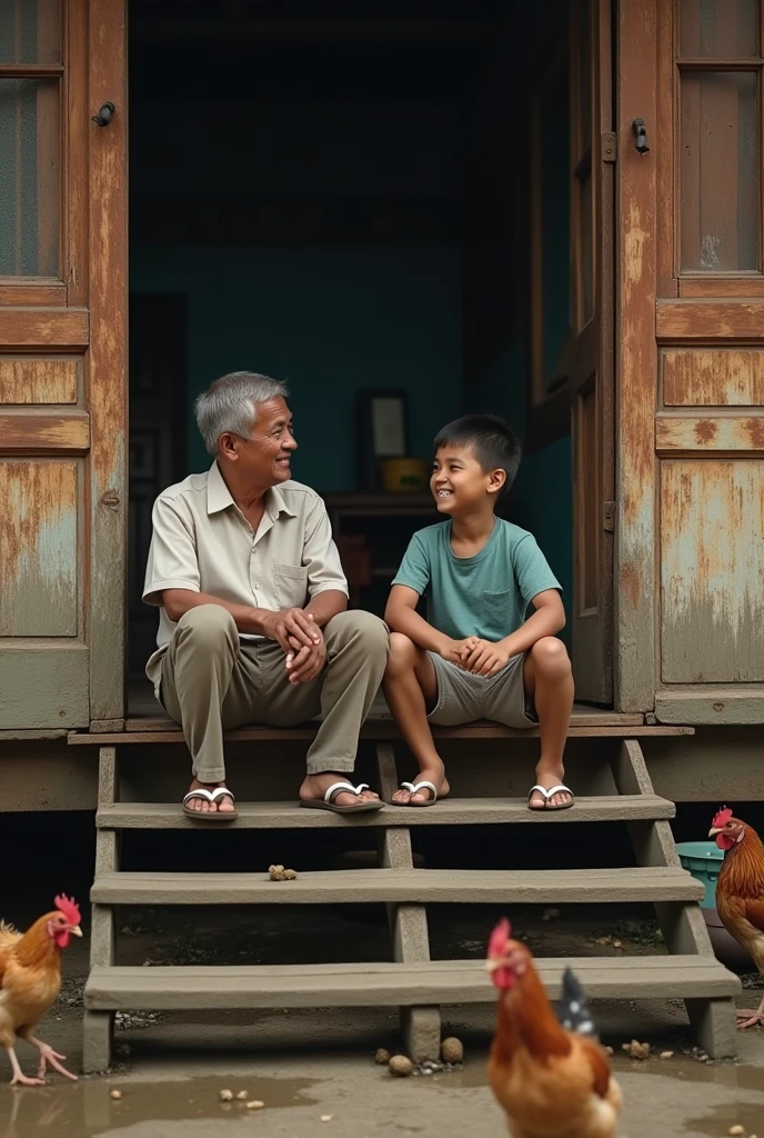(Photorealism 1.2) high detailed definition cinematic cinematography Malay father 40 years old and 2 years daughter sit at stairsfront of the old wood rusty house looking outside smile towards eachother morning mode malay Kampong background cats and chicken rooster wet floor