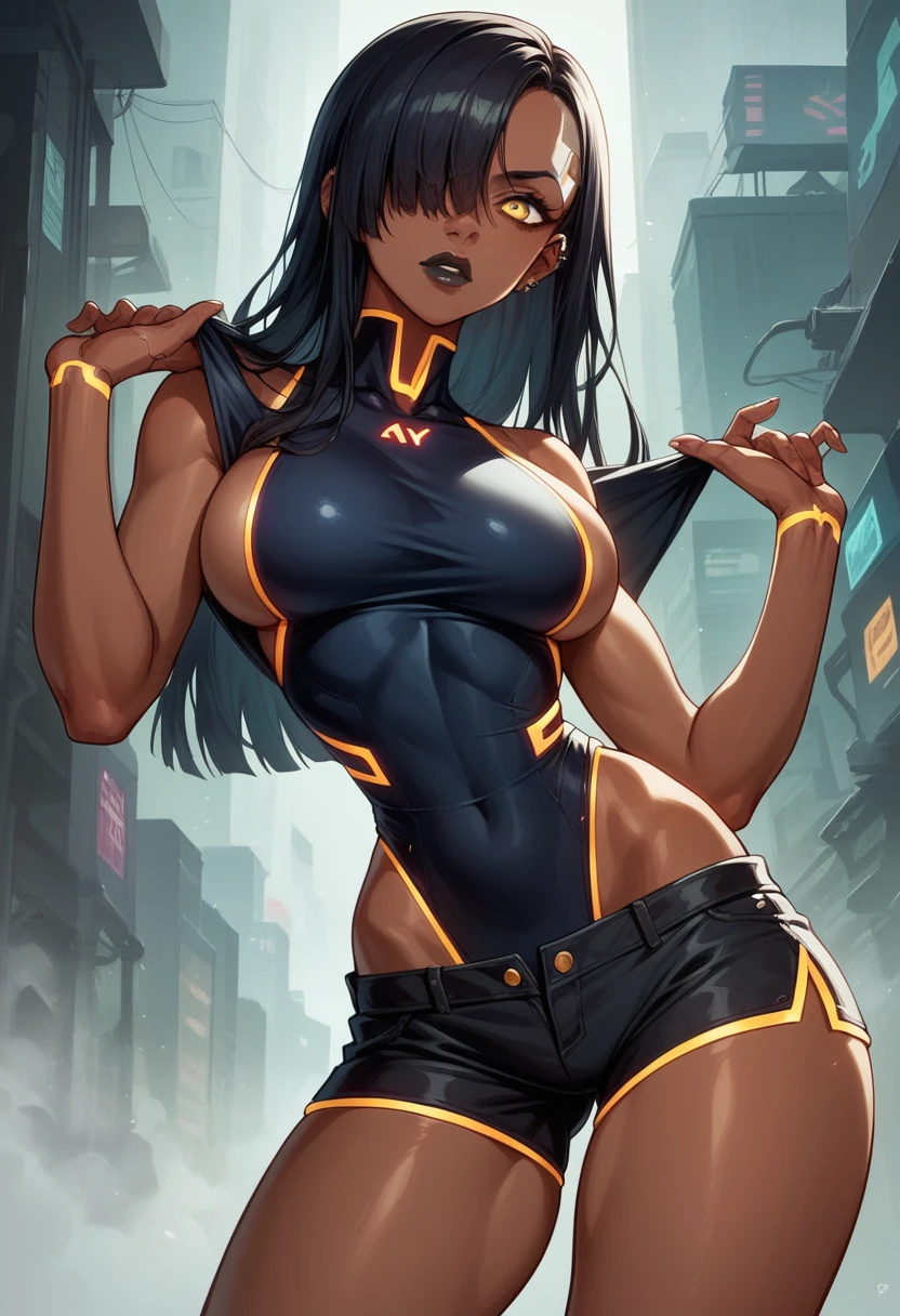 Japanimation style, High resolution, 4K, High Definition, high resolution, Perfect picture,Full Body, Cyberpunk Background, night, A mysterious city alleyway lit by neon lights, Two moons, 1 girl, The whole body is covered in tight tights, Modest breasts, Waistline, Big Hips, Long legs, Wearing a futuristic vest, A tight-fitting bodysuit with glowing lines, Very Short Hair, Side-swept bangs, Long hair braided on the right side only, ((dark skin)), bodysuit, Bangles on thighs, Triumphant smile, Line paint on cheeks, 