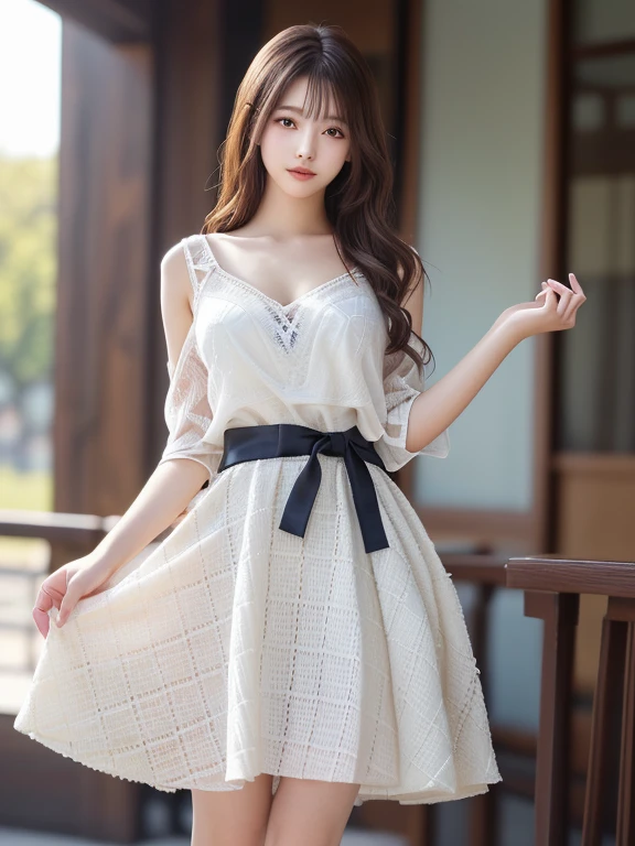 Photo-realistic quality、The 20-year-old Japanese idol is posing in a black top and white skirt., romantic dress, frock, cute dress, dress and cloth,Elegant Dresses、Romantic and beautiful dress、Looking at the camera、Detailed and beautiful eyes、Cute smile、A soft and gentle look、Natural smile