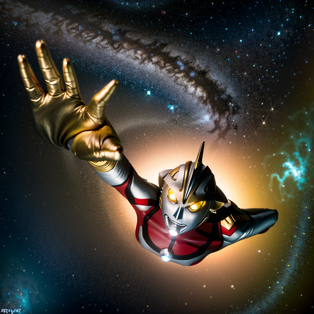 highres, 8k, absurdres, solo, 1cat, non_human, cat, (Chartreux:1.5),  solo, from above, (Ultraman_Rise:1.75), (clenched hand:1.4), simple background, space, looking at viewer, upper body,(c4ttitude:1.2), flying cat, flying,
((tokusatsu)),  
 