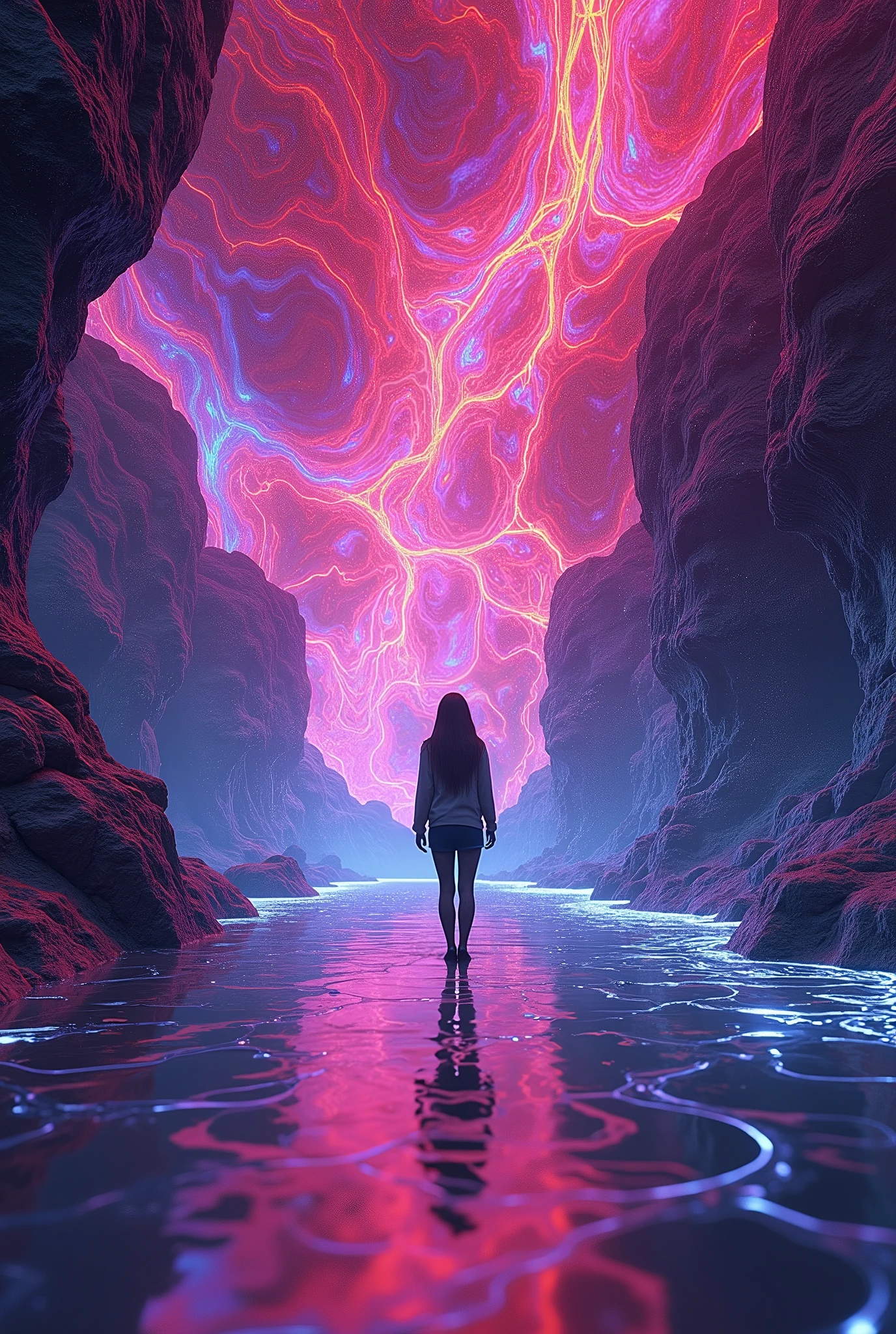 Detailed complex chaotic seascape blue and pink light inside a transparent marble floor ward reach horizon, woman walking to beyond from behind, UV-reactive, blue light art concept by Waterhouse, Carne Griffiths, Minjae Lee, Ana Paula Hoppe, Stylized florescent art, Intricate, Complex contrast, HDR,OverallDetail,earth,stormy landscape on a glow in the dark abysmal cave