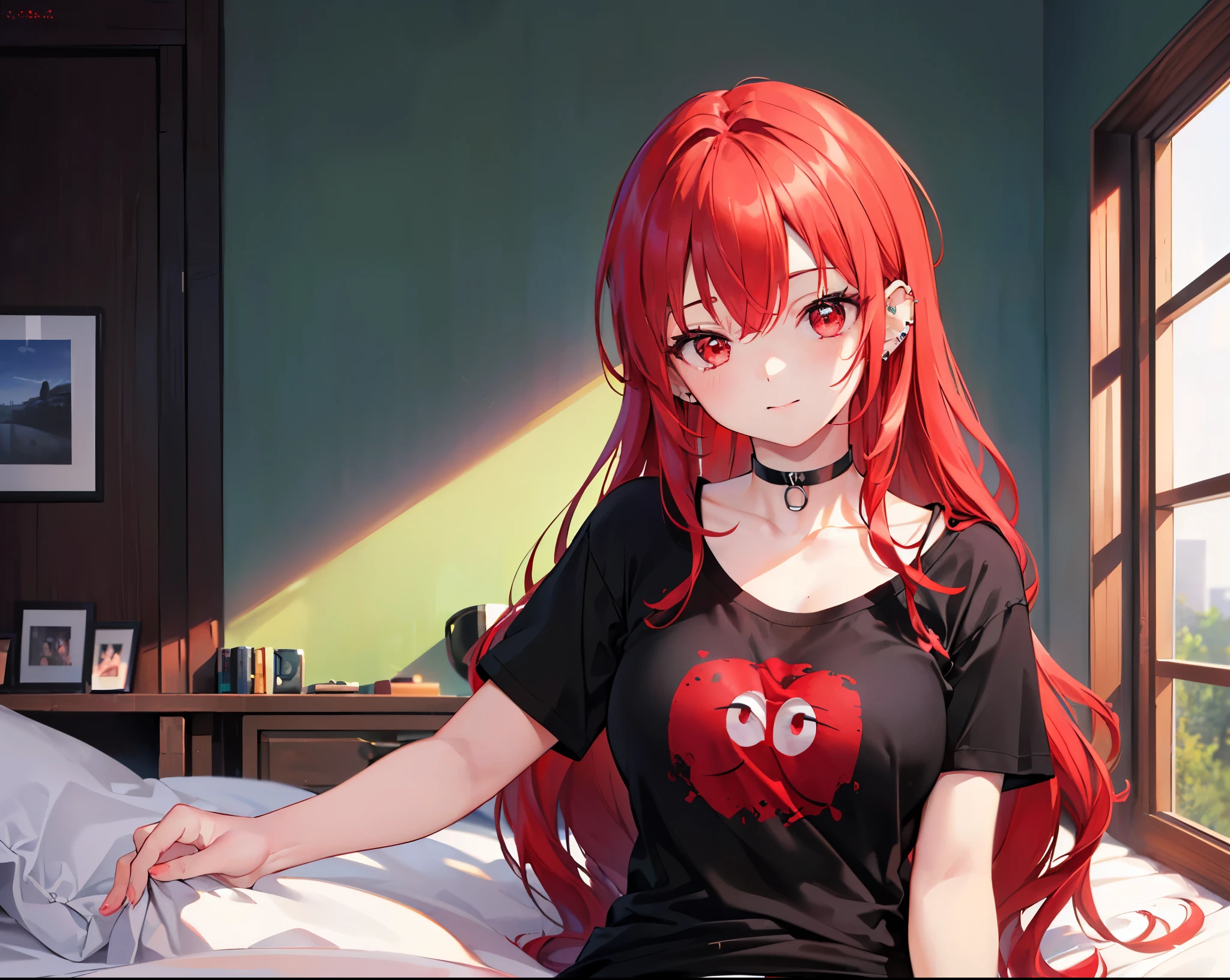 Realistic,Highest quality, Ultra Detail, High-quality CG rendering, The most delicate and beautiful, Floating softly, High resolution, (1 girl), (Highest quality,4K,8k,masterpiece:1.2),(Bright Red Hair:1.5), (Medium Long Hair:1.5),(Red eyes:1.5),(Slightly larger breasts:1.2),(Black oversized short sleeve t-shirt:1.5),(Piercing in left ear:1.3),Inside the room,smile,bed,(bedに座っている:1.3)