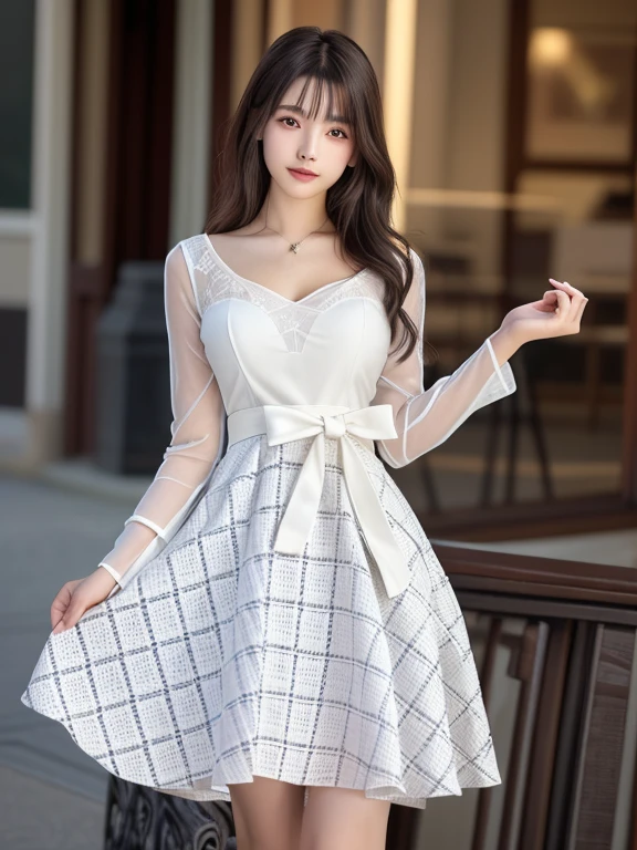 Photo-realistic quality、The 20-year-old Japanese idol is posing in a black top and white skirt., romantic dress, frock, cute dress, dress and cloth,Elegant Dresses、Romantic and beautiful dress、Looking at the camera、Detailed and beautiful eyes、Cute smile、A soft and gentle look、Natural smile