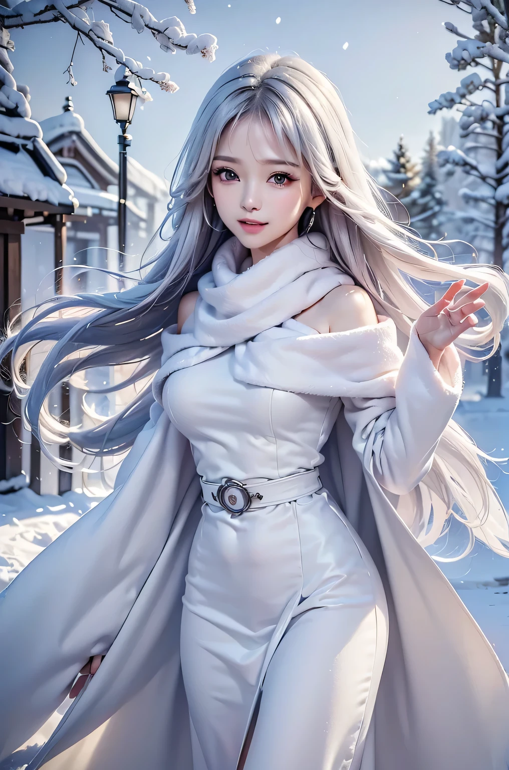 ((masterpiece:1.5、8k、Portraiture、Photorealistic and very detailed CG、Very detailed、Particle Effects、Dynamic Effects、Shallow depth of field、Cinematic Light、Lens flare、Ray Tracing、Tabletop、Realistic:1.4、Ultra-high resolution:1.2、Realistic、Realistic))((alone、,A woman wearing a cashmere coat over an off-the-shoulder dress:1.4、wear a long scarf、White belt、coat、Elegant woman posing、Detailed face、brightexpression、young, bright, Whiter skin、Ample breasts、Best Looks、Ultimate beauty、Shiny silver hair with highlights、bright and shiny hair,、Super long, Silky straight hair、Hair dancing in the wind))(morning、outdoors, winter, snow falling)
