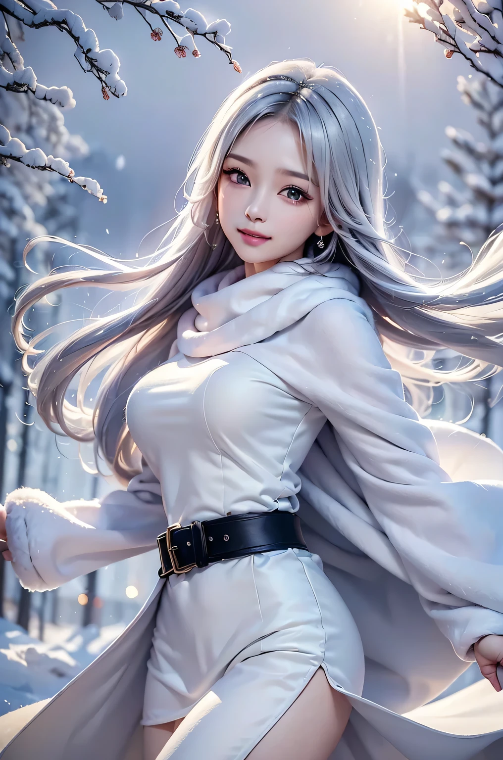 ((masterpiece:1.5、8k、Portraiture、Photorealistic and very detailed CG、Very detailed、Particle Effects、Dynamic Effects、Shallow depth of field、Cinematic Light、Lens flare、Ray Tracing、Tabletop、Realistic:1.4、Ultra-high resolution:1.2、Realistic、Realistic))((alone、,A woman wearing a cashmere coat over an off-the-shoulder dress:1.4、wear a long scarf、White belt、coat、Elegant woman posing、Detailed face、brightexpression、young, bright, Whiter skin、Ample breasts、Best Looks、Ultimate beauty、Shiny silver hair with highlights、bright and shiny hair,、Super long, Silky straight hair、Hair dancing in the wind))(morning、outdoors, winter, snow falling)
