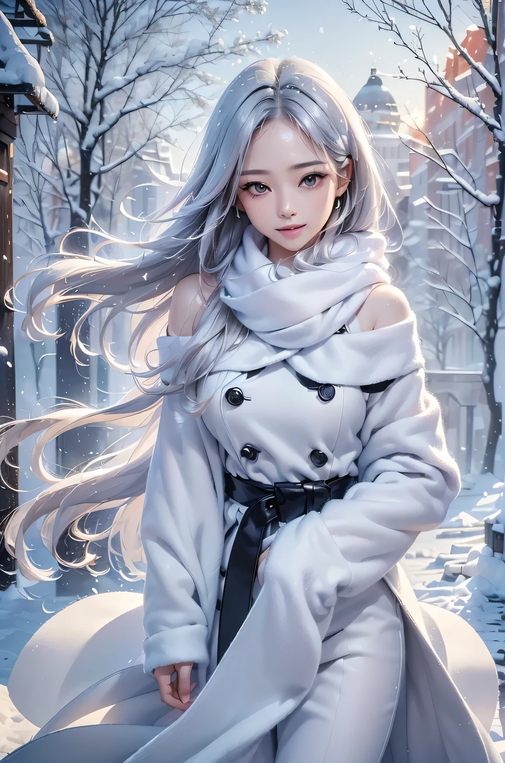 ((masterpiece:1.5、8k、Portraiture、Photorealistic and very detailed CG、Very detailed、Particle Effects、Dynamic Effects、Shallow depth of field、Cinematic Light、Lens flare、Ray Tracing、Tabletop、Realistic:1.4、Ultra-high resolution:1.2、Realistic、Realistic))((alone、,A woman wearing a cashmere coat over an off-the-shoulder dress:1.4、wear a long scarf、White belt、coat、Elegant woman posing、Detailed face、brightexpression、young, bright, Whiter skin、Ample breasts、Best Looks、Ultimate beauty、Shiny silver hair with highlights、bright and shiny hair,、Super long, Silky straight hair、Hair dancing in the wind))(morning、outdoors, winter, snow falling)
