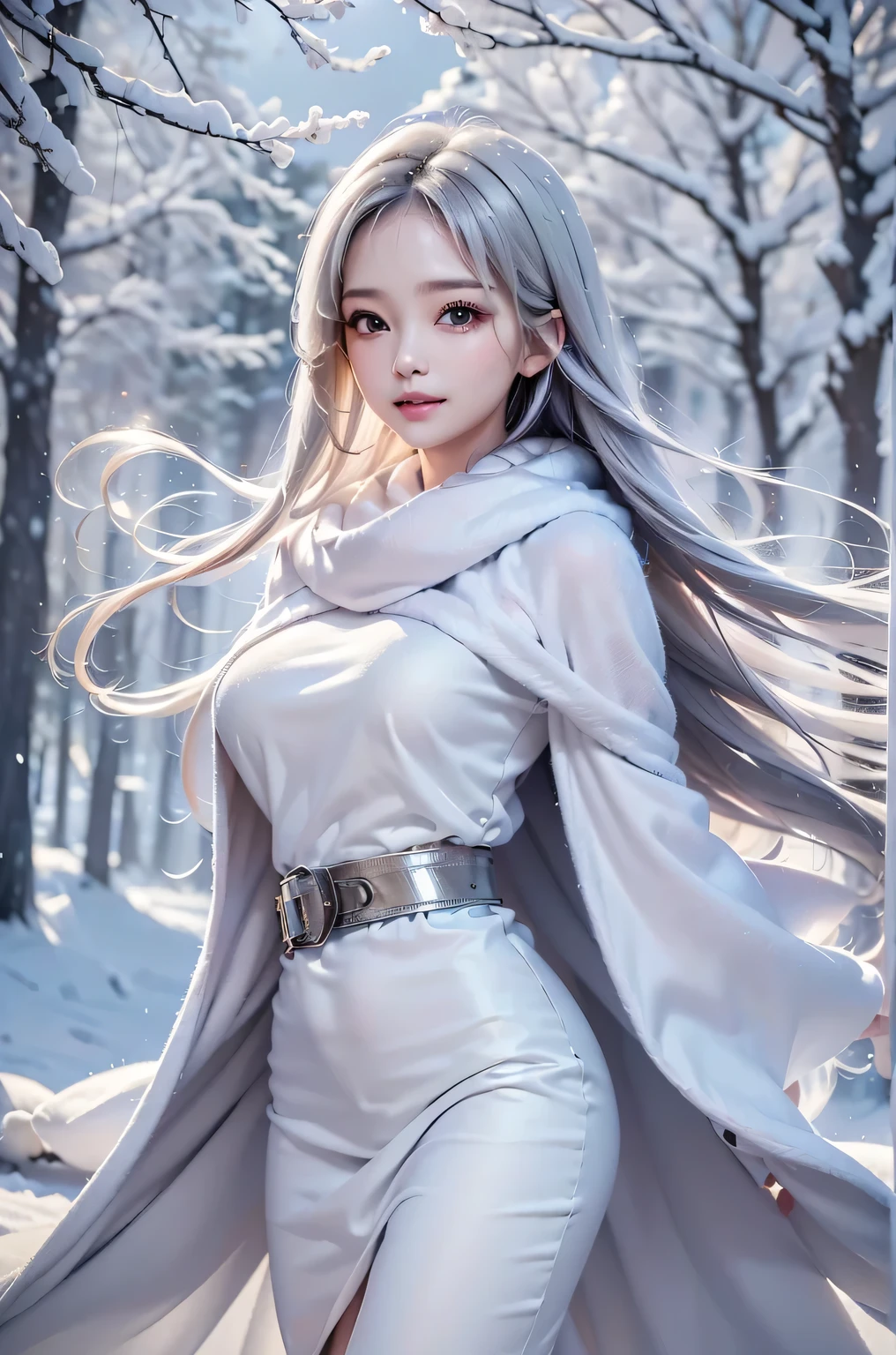 ((masterpiece:1.5、8k、Portraiture、Photorealistic and very detailed CG、Very detailed、Particle Effects、Dynamic Effects、Shallow depth of field、Cinematic Light、Lens flare、Ray Tracing、Tabletop、Realistic:1.4、Ultra-high resolution:1.2、Realistic、Realistic))((alone、,A woman wearing a cashmere coat over an off-the-shoulder dress:1.4、wear a long scarf、White belt、coat、Elegant woman posing、Detailed face、brightexpression、young, bright, Whiter skin、Ample breasts、Best Looks、Ultimate beauty、Shiny silver hair with highlights、bright and shiny hair,、Super long, Silky straight hair、Hair dancing in the wind))(morning、outdoors, winter, snow falling)
