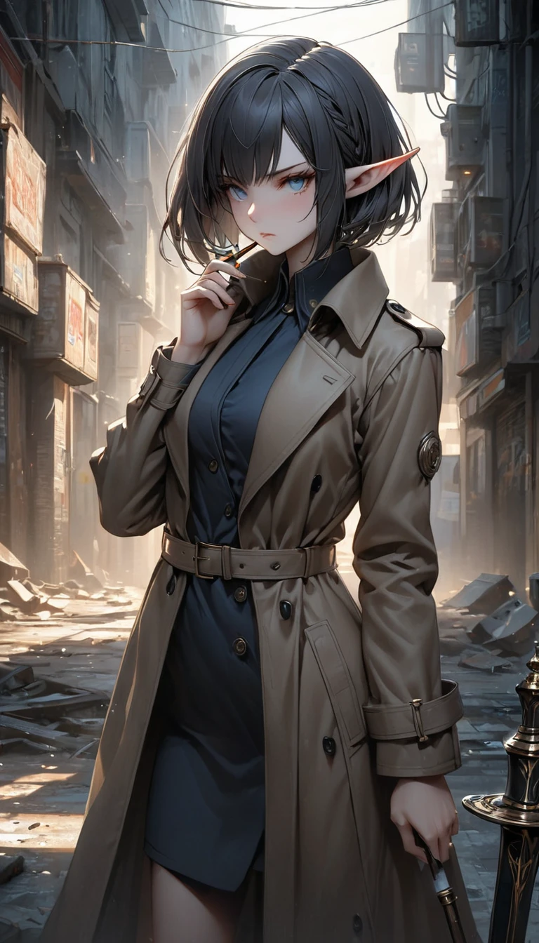 (masterpiece), anatomically correct, accurate, textured skin, high details, high quality, (best quality), (super detail), perfect detailed eyes, perfect detailed face, ultra-detailed nose, A confident adult female elf wearing a sleek, dark trench coat, standing in a gritty urban setting. She has a sharp bob haircut that frames her face, with a few strands falling loosely. Her expression is serious and focused, fitting the vibe of a hardboiled detective. Her pointed ears subtly peek through her hair, and she holds a cigarette in one hand while her other hand rests on the hilt of a hidden blade. The lighting is moody, with shadows adding depth to her surroundings, hinting at danger and mystery in the air