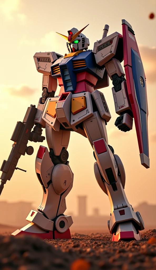 (best quality, ultra-detailed, photorealistic: 1.39), bright and vibrant colors, studio lighting, romantic,The background is a battlefield,The size is 18m,One large,(((Gundam inspired by the zero fighter:1.3)))High resolution, masterpiece, accurate, 最high quality, High detail, High-resolution model, high quality, Ultra high definition, (((ダイナミックアングル、アクションポーズ:1.3)))