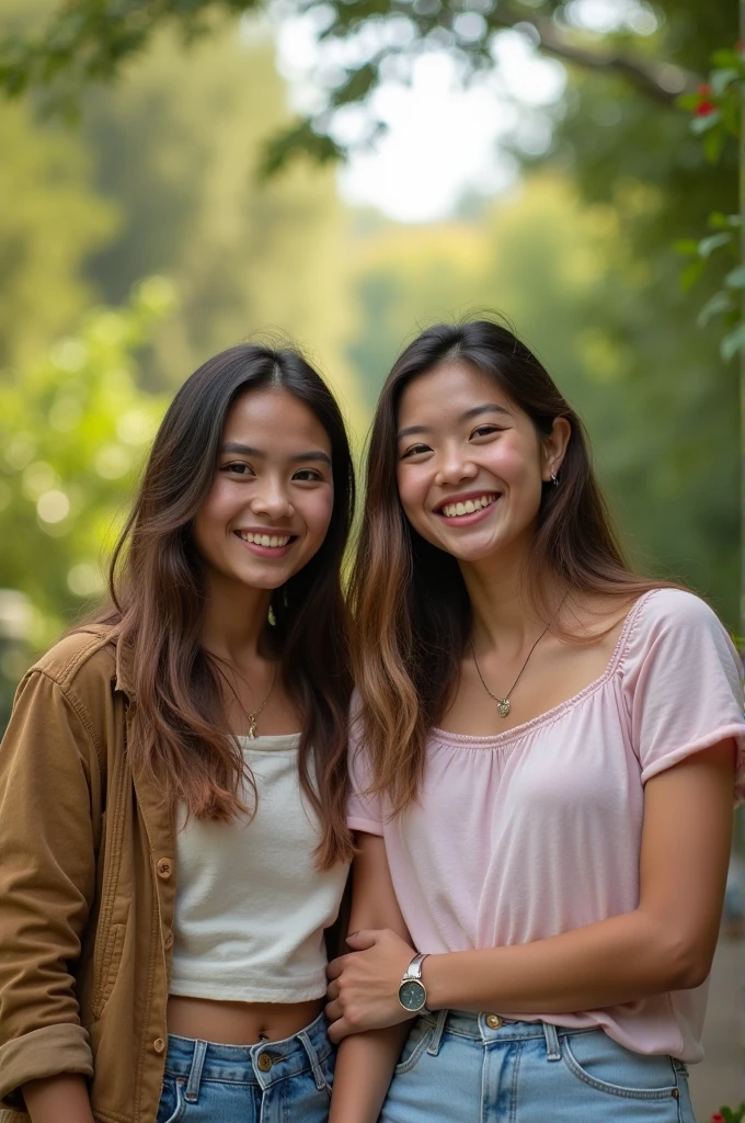 A female university student hugging a female high school student from behind