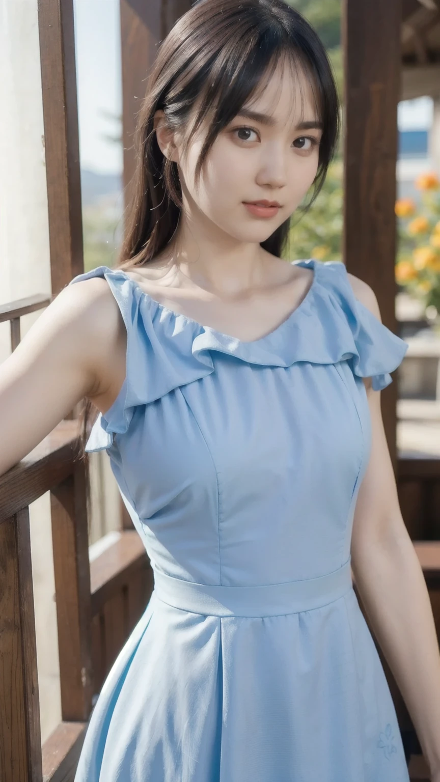 Gentle and charming Chinese beautiful woman, upper body photo, exquisite and sexy collarbone, charming oval face, double eyelids, smart peach blossom eyes, pink lips, small nose, bare shoulders, focused face, face close-up, ultra-high-definition, Super detailed, elegant standing, warm chiffon dress, matched with a denim vest, handsome yet sweet, very beautiful.
